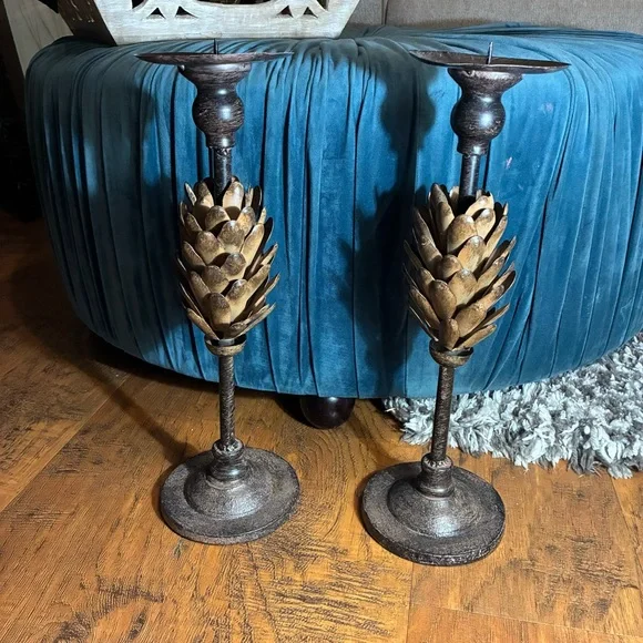 15’pillar candleholders bronze pine conceals cast iron base vintage pottery barn - Picture 2 of 16